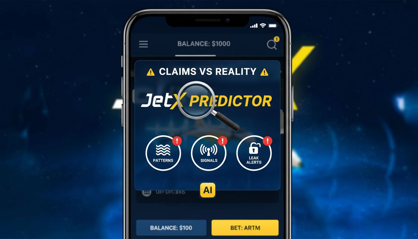 Illustration of a JetX predictor app interface with claims of signals and leaks.
