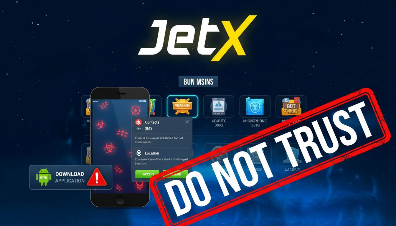 illustration warning about downloading fake JetX predictor APKs.